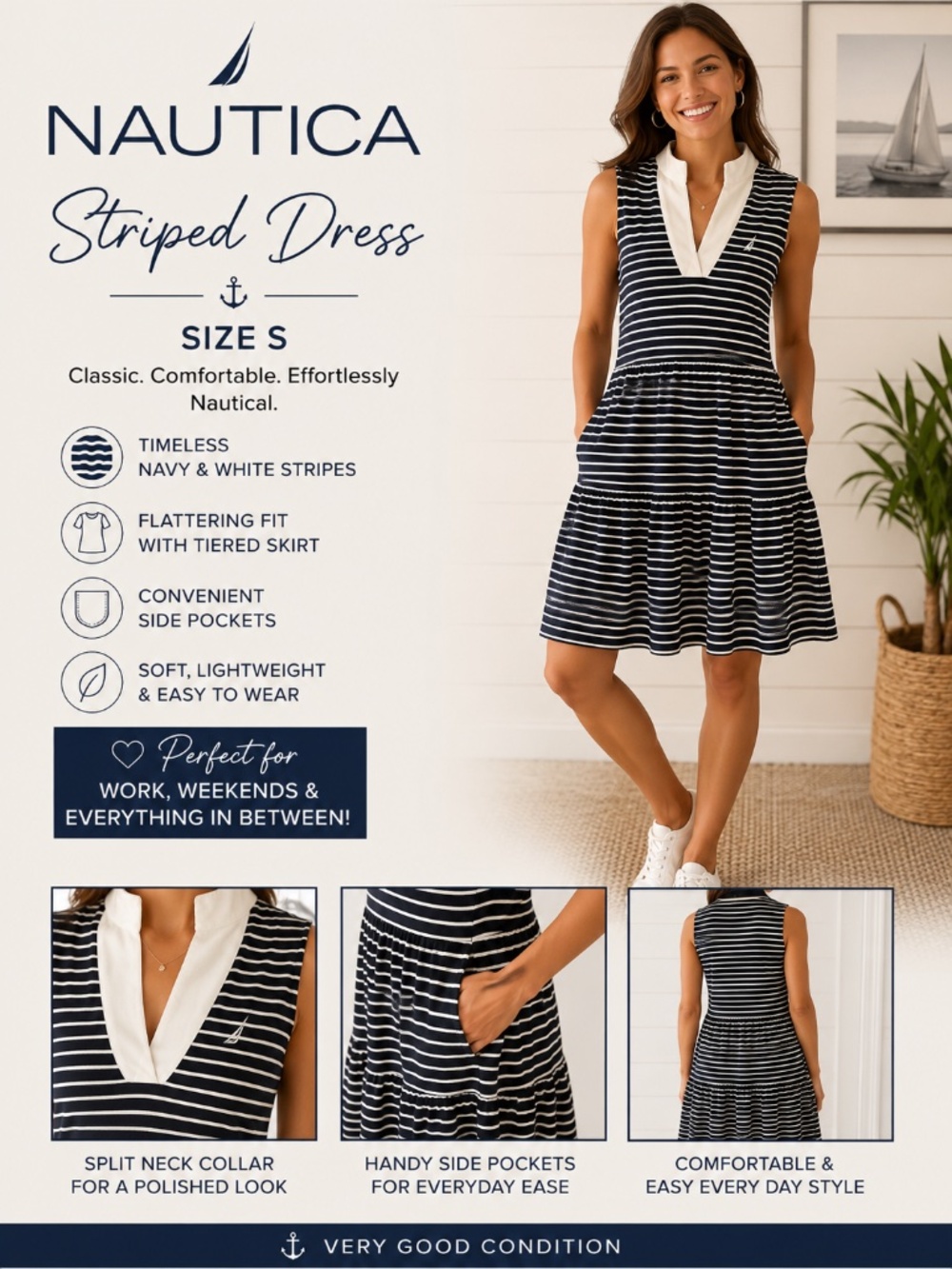 Nautica Navy & White Striped Tiered Dress Size S with Pockets